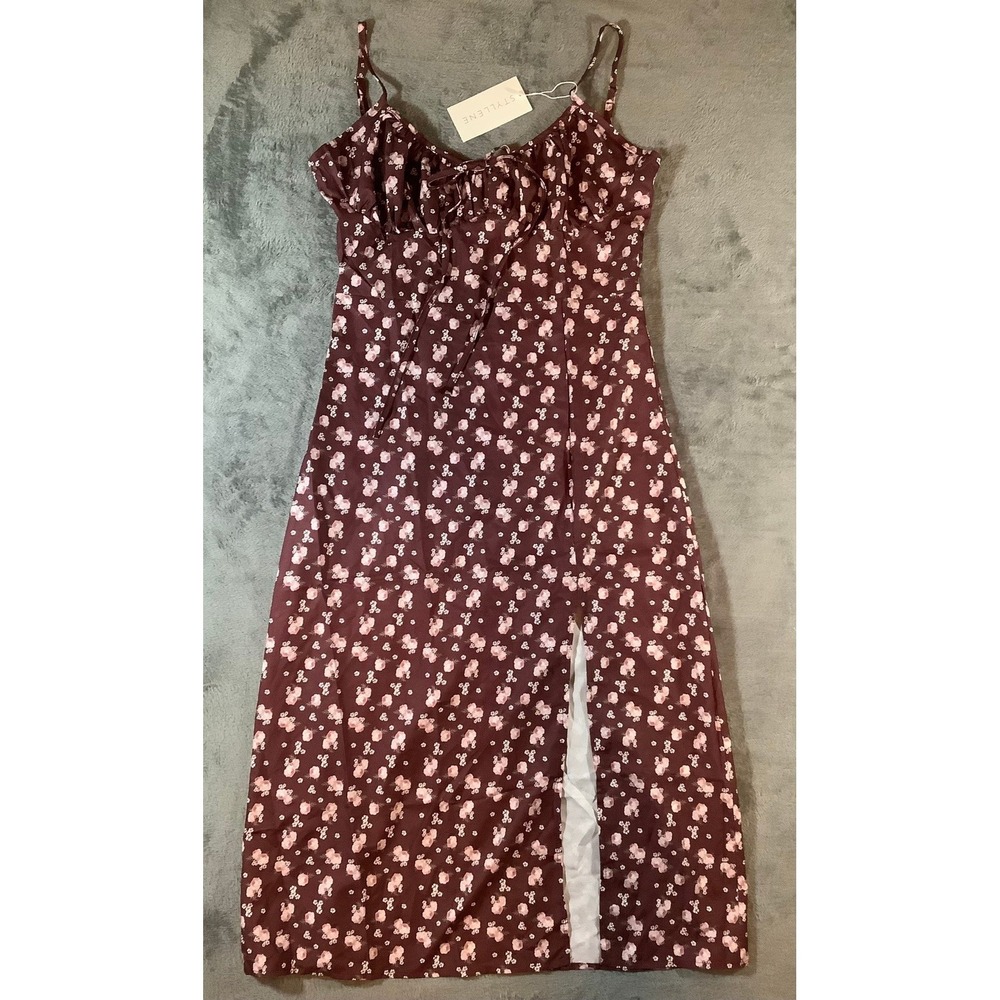 Styllene Floral Maxi Dress Womens XL Maroon Side Slit Spaghetti Strap NWT